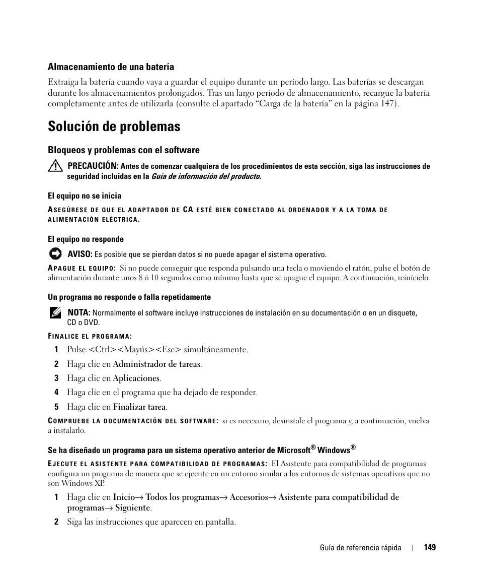 Almacenamiento de una batería, Solución de problemas, Bloqueos y problemas con el software | Dell Latitude D830 (Early 2007) User Manual | Page 149 / 156