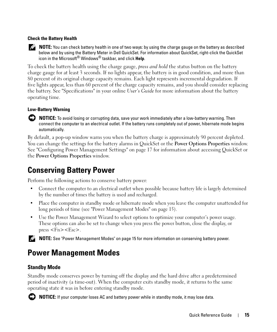 Conserving battery power, Power management modes, Standby mode | Dell Latitude D830 (Early 2007) User Manual | Page 15 / 156