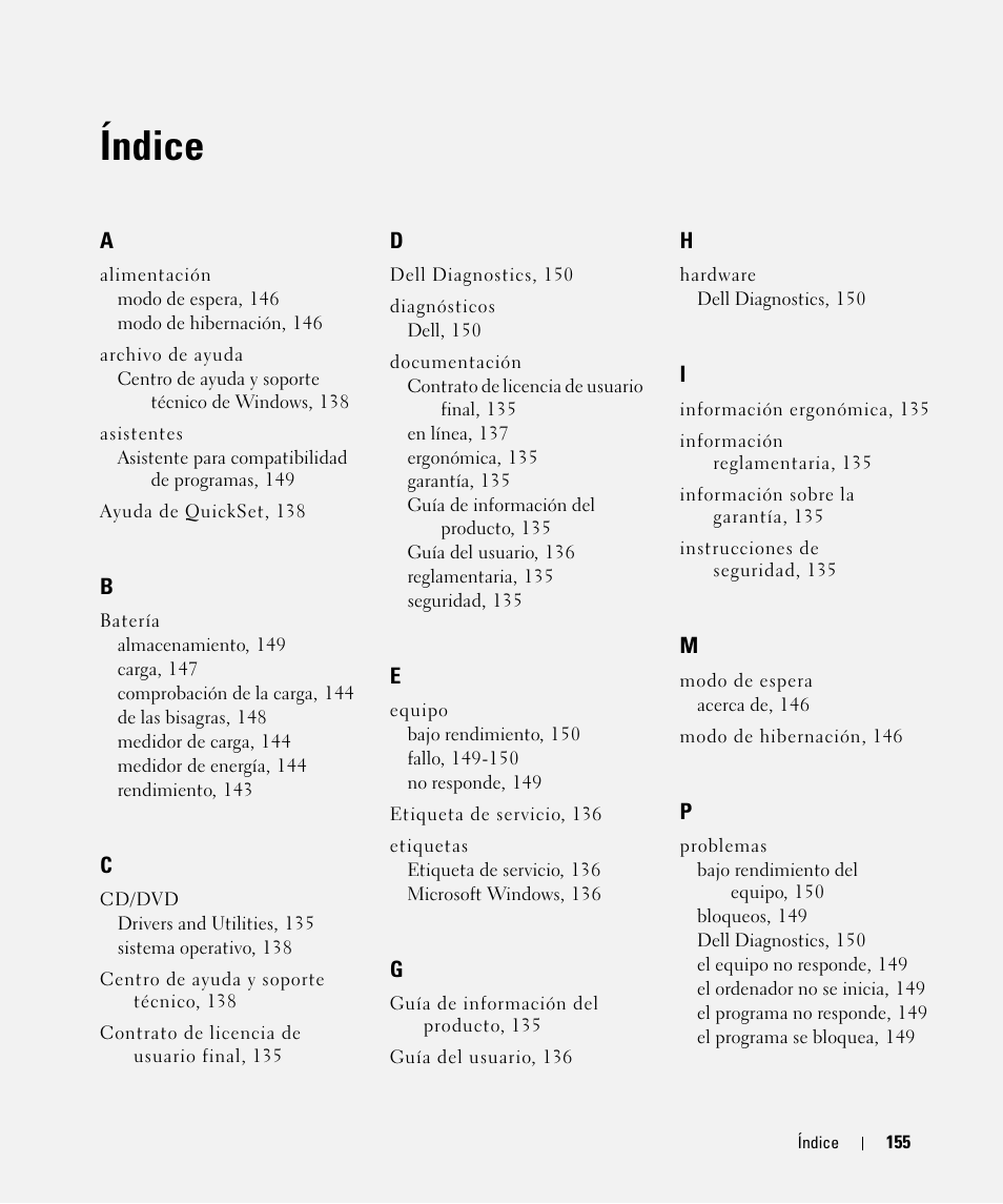 Índice | Dell Latitude D830 (Early 2007) User Manual | Page 155 / 156
