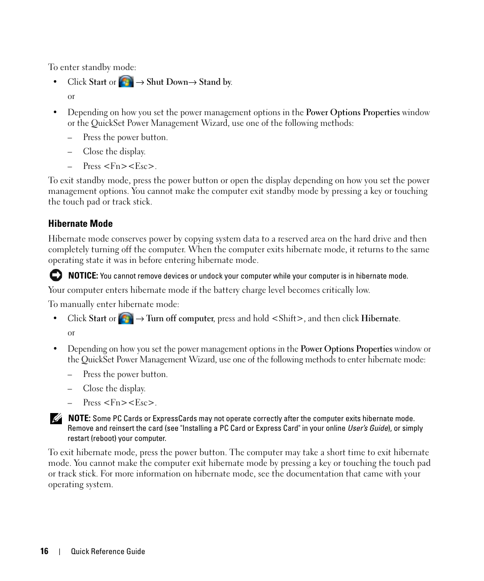 Hibernate mode | Dell Latitude D830 (Early 2007) User Manual | Page 16 / 156