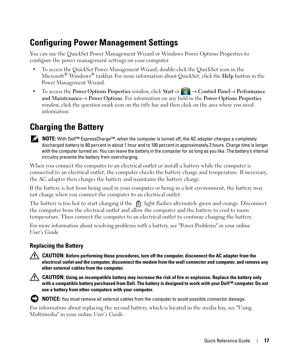 Configuring power management settings, Charging the battery, Replacing the battery | Dell Latitude D830 (Early 2007) User Manual | Page 17 / 156