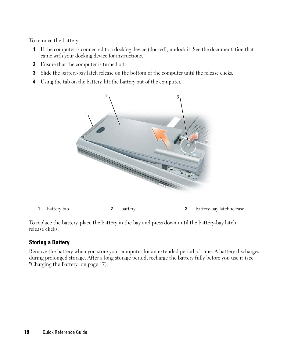 Storing a battery | Dell Latitude D830 (Early 2007) User Manual | Page 18 / 156