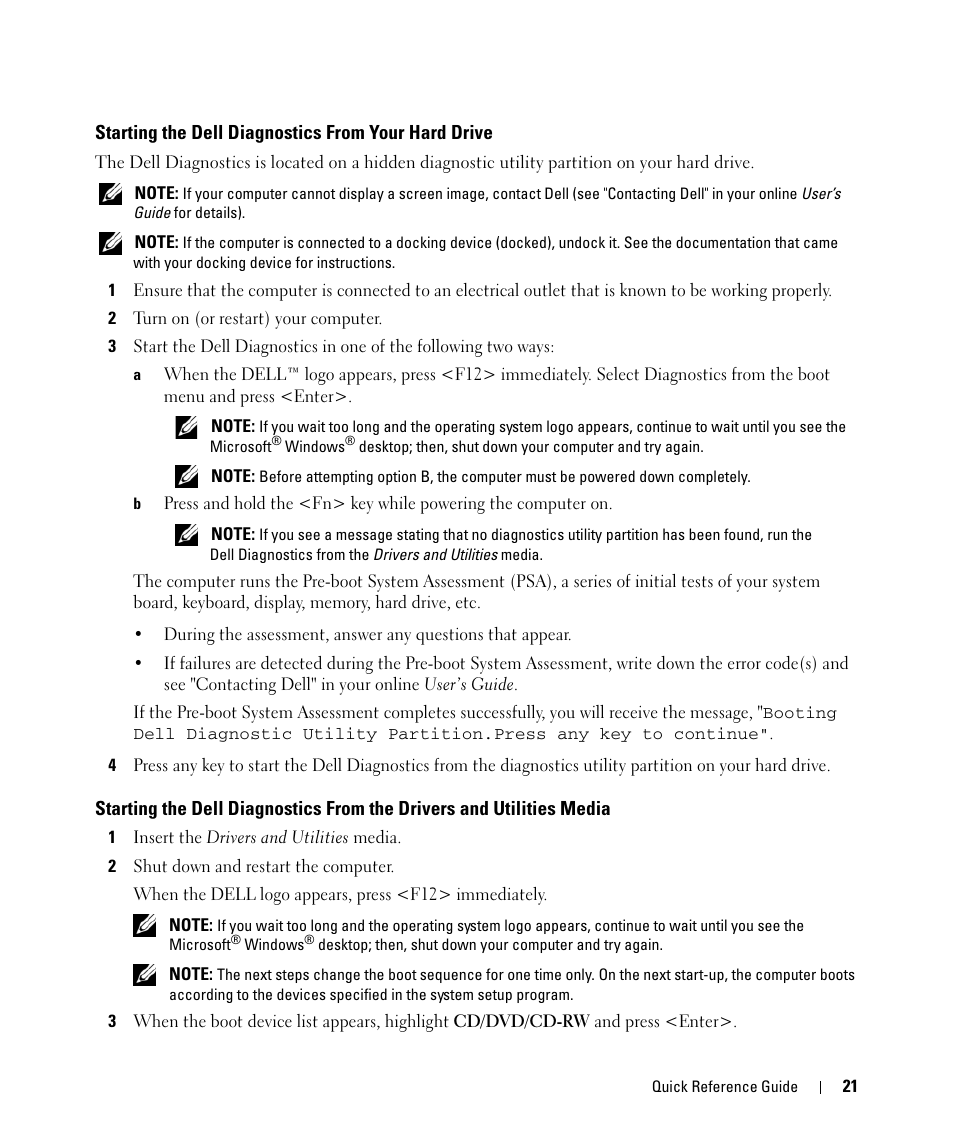 Starting the dell diagnostics from your hard drive | Dell Latitude D830 (Early 2007) User Manual | Page 21 / 156