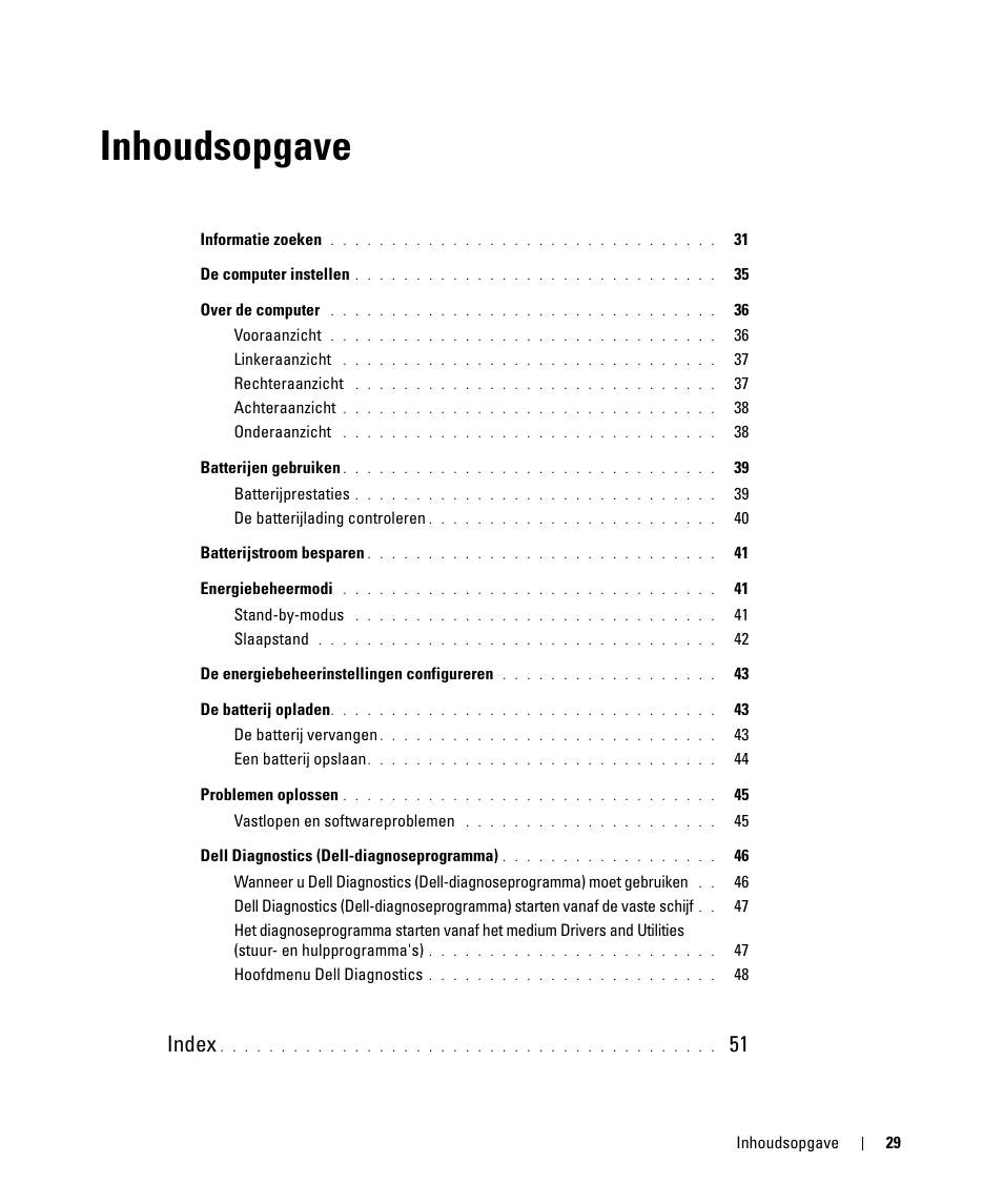 Inhoudsopgave, Index | Dell Latitude D830 (Early 2007) User Manual | Page 29 / 156