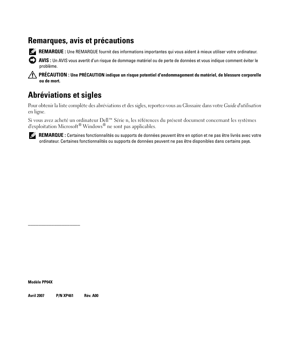 Remarques, avis et précautions, Abréviations et sigles | Dell Latitude D830 (Early 2007) User Manual | Page 54 / 156