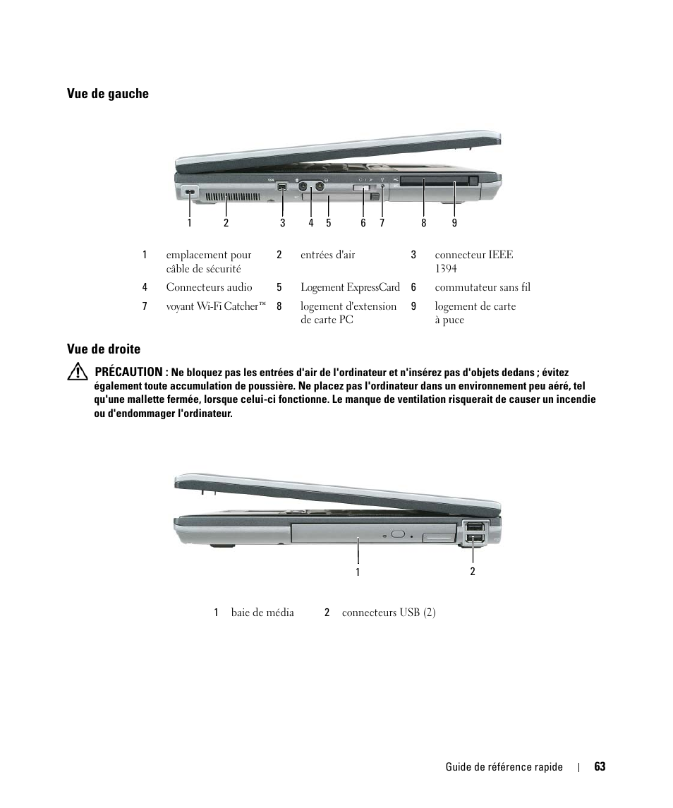 Vue de gauche, Vue de droite, Vue de gauche vue de droite | Dell Latitude D830 (Early 2007) User Manual | Page 63 / 156