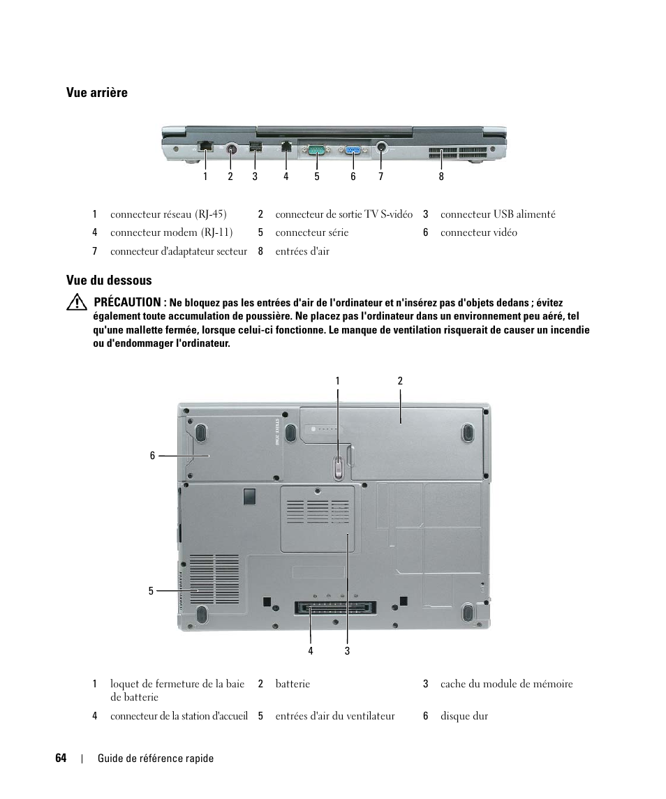 Vue arrière, Vue du dessous, Vue arrière vue du dessous | Dell Latitude D830 (Early 2007) User Manual | Page 64 / 156