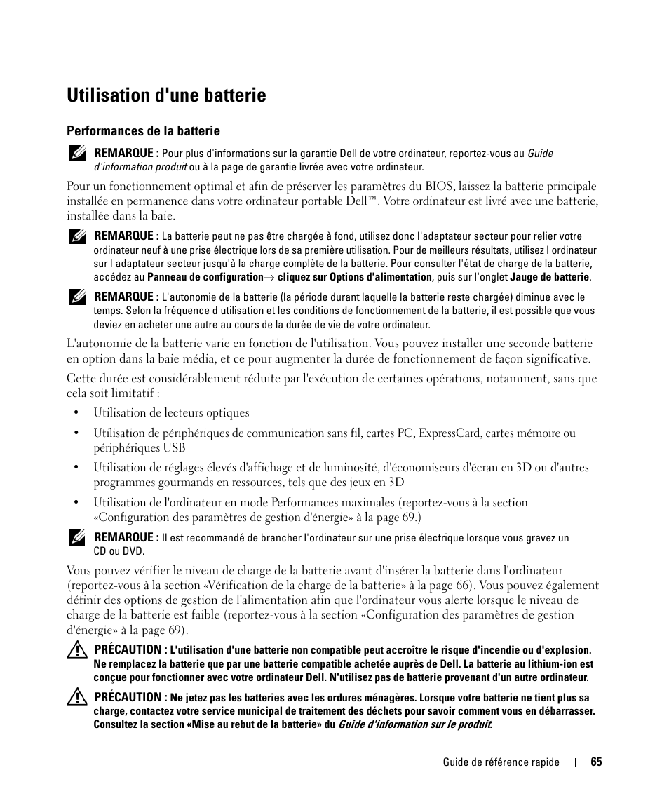 Utilisation d'une batterie, Performances de la batterie | Dell Latitude D830 (Early 2007) User Manual | Page 65 / 156