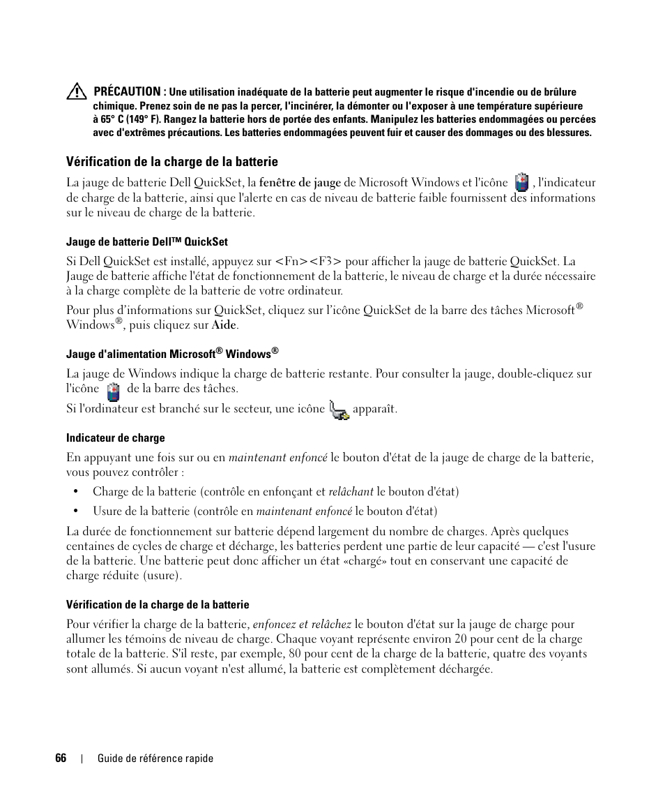 Vérification de la charge de la batterie | Dell Latitude D830 (Early 2007) User Manual | Page 66 / 156