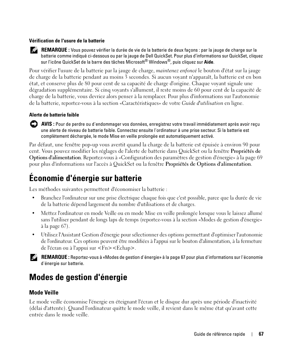 Économie d'énergie sur batterie, Modes de gestion d'énergie, Mode veille | Dell Latitude D830 (Early 2007) User Manual | Page 67 / 156
