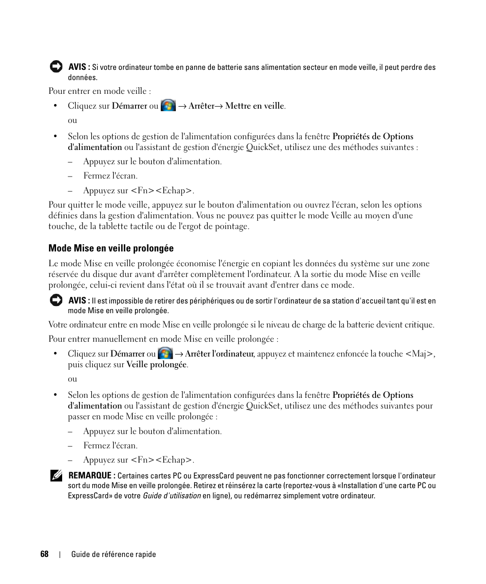 Mode mise en veille prolongée | Dell Latitude D830 (Early 2007) User Manual | Page 68 / 156