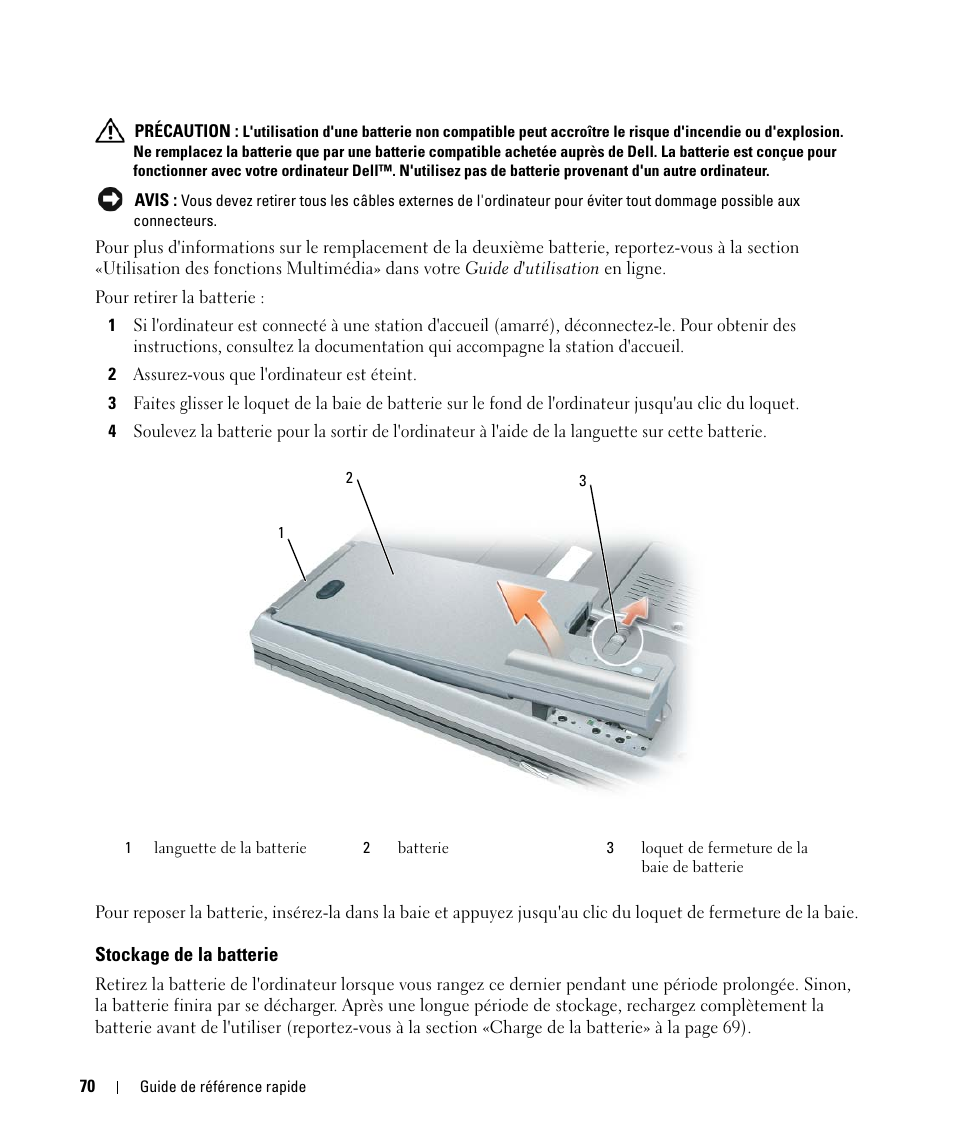 Stockage de la batterie | Dell Latitude D830 (Early 2007) User Manual | Page 70 / 156