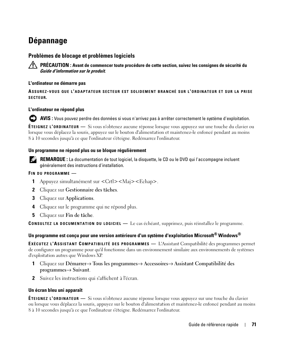 Dépannage, Problèmes de blocage et problèmes logiciels | Dell Latitude D830 (Early 2007) User Manual | Page 71 / 156