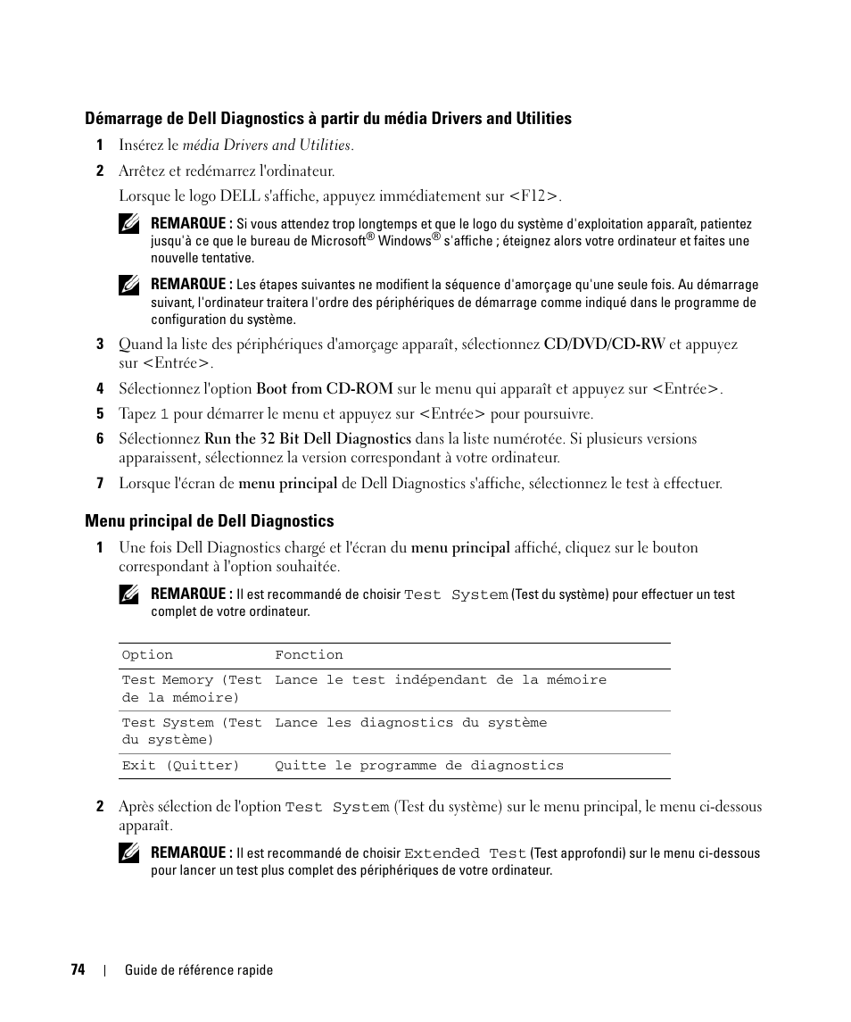Menu principal de dell diagnostics | Dell Latitude D830 (Early 2007) User Manual | Page 74 / 156