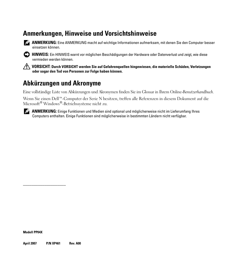 Anmerkungen, hinweise und vorsichtshinweise, Abkürzungen und akronyme | Dell Latitude D830 (Early 2007) User Manual | Page 80 / 156