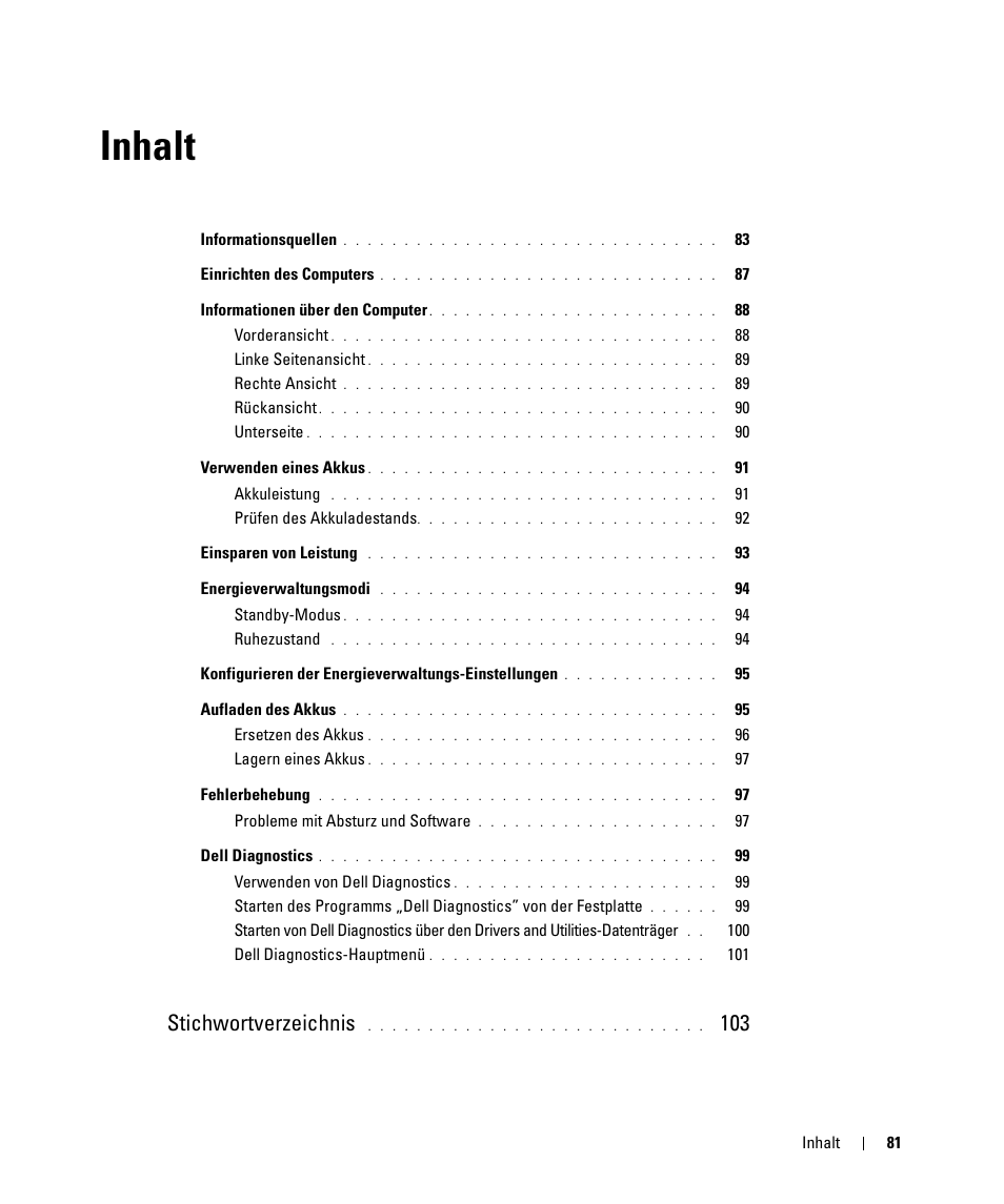 Inhalt, Stichwortverzeichnis | Dell Latitude D830 (Early 2007) User Manual | Page 81 / 156
