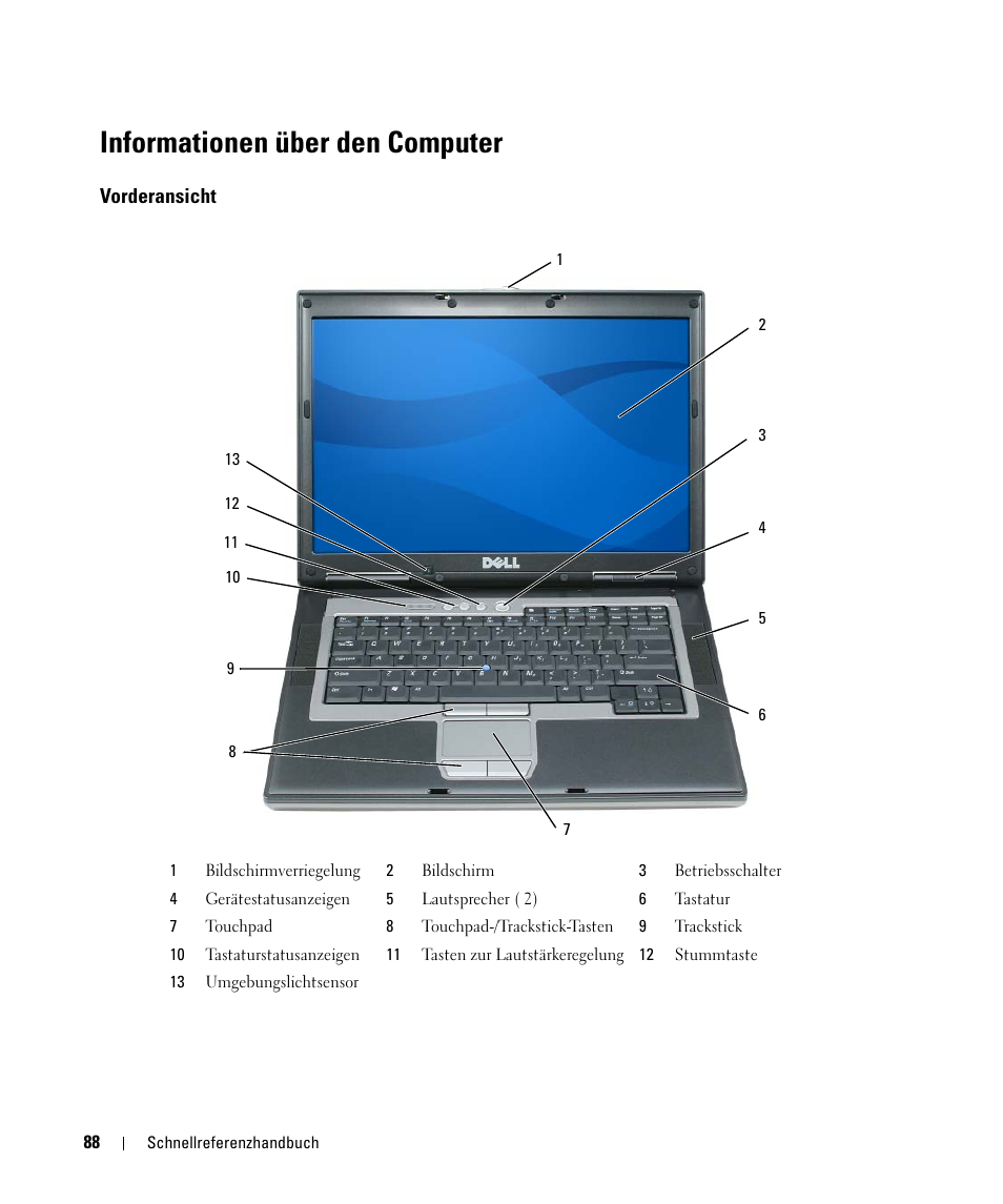 Informationen über den computer, Vorderansicht | Dell Latitude D830 (Early 2007) User Manual | Page 88 / 156