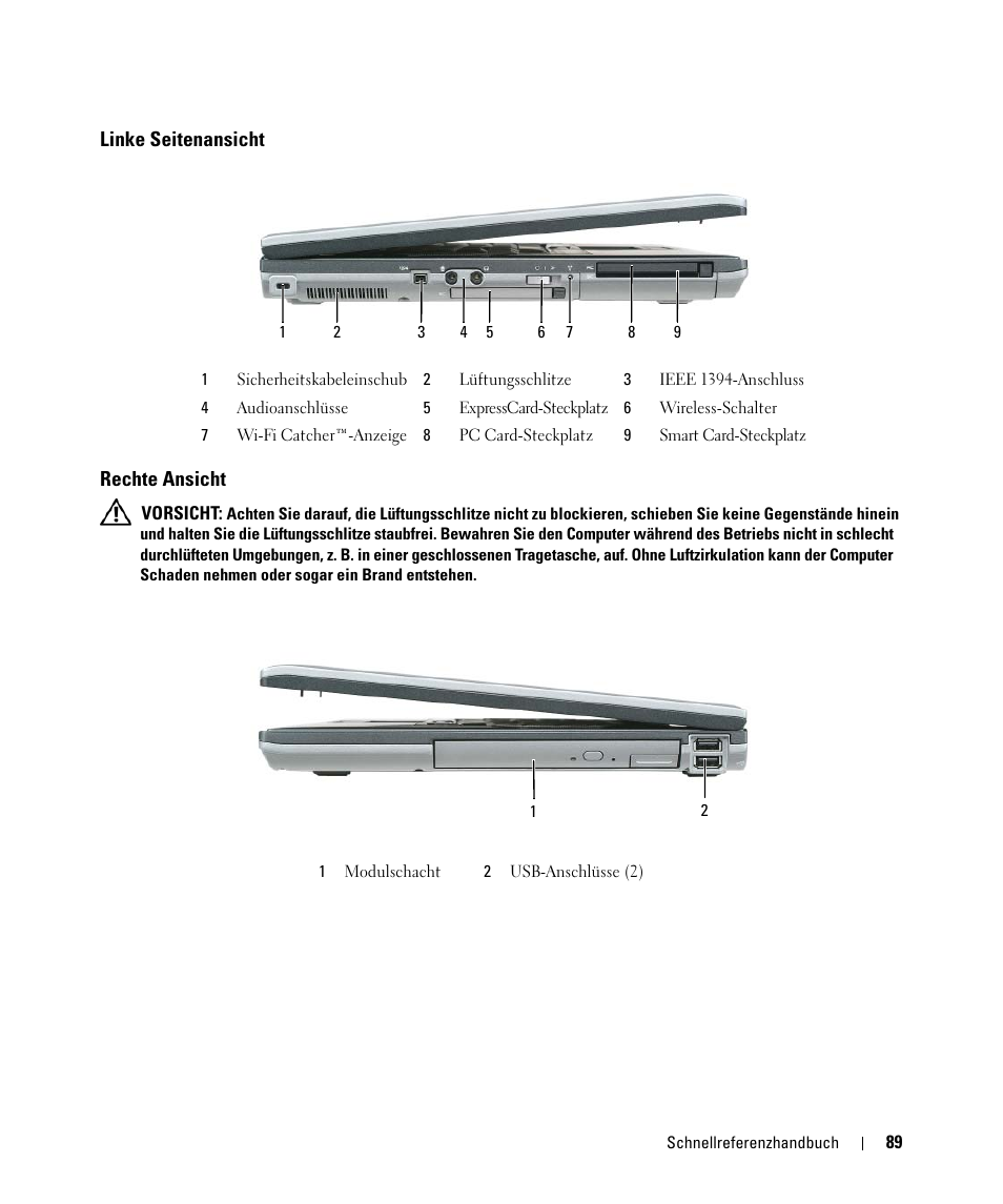 Linke seitenansicht, Rechte ansicht, Linke seitenansicht rechte ansicht | Dell Latitude D830 (Early 2007) User Manual | Page 89 / 156