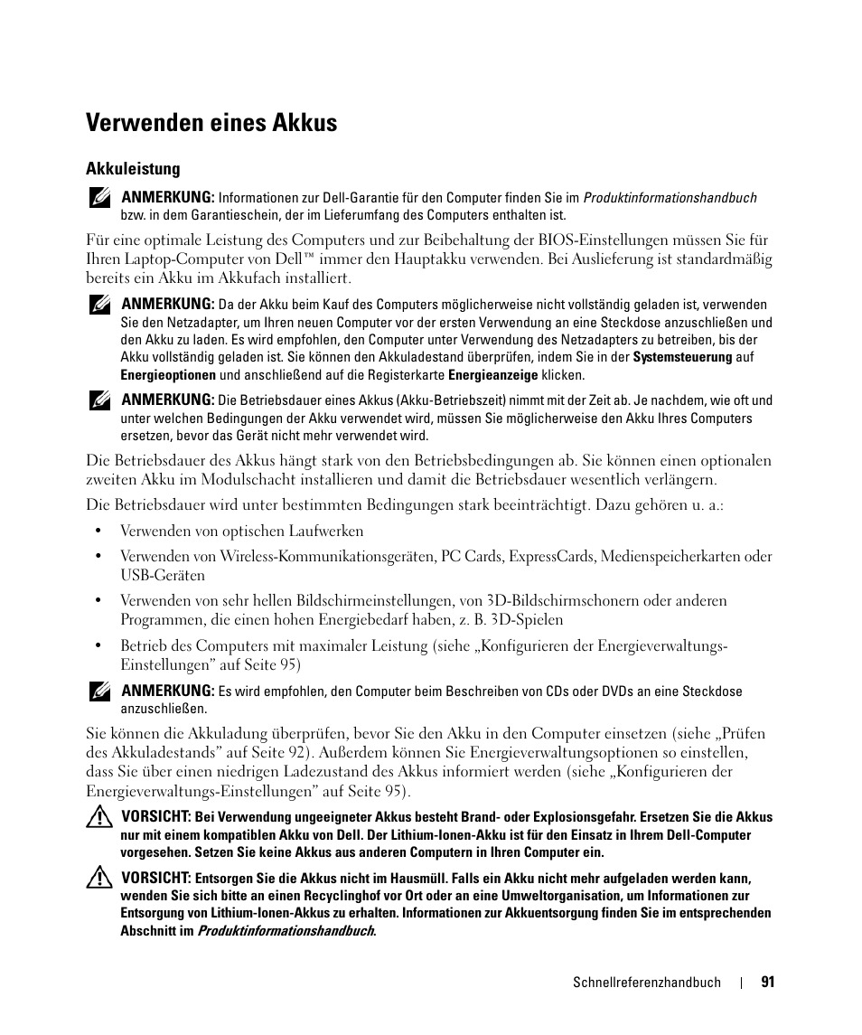 Verwenden eines akkus, Akkuleistung | Dell Latitude D830 (Early 2007) User Manual | Page 91 / 156