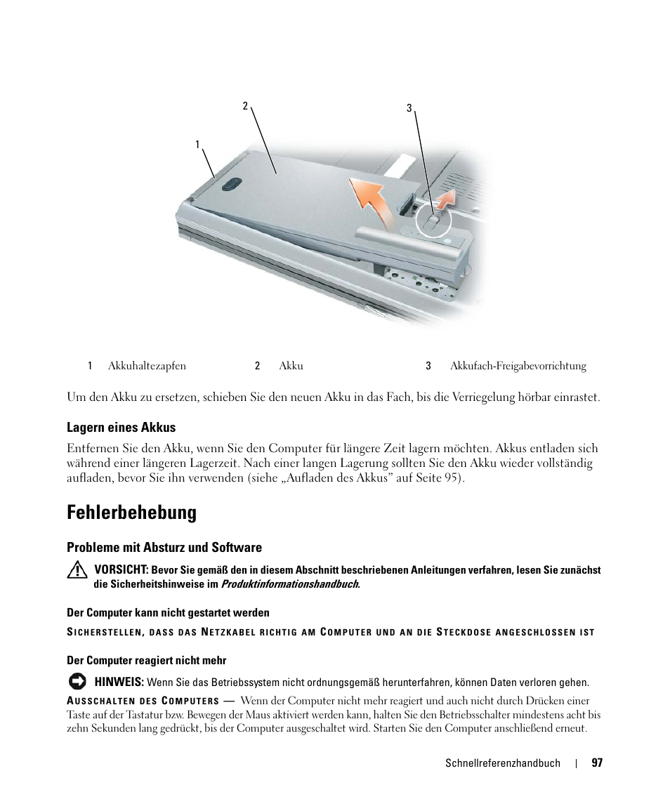 Lagern eines akkus, Fehlerbehebung, Probleme mit absturz und software | Dell Latitude D830 (Early 2007) User Manual | Page 97 / 156