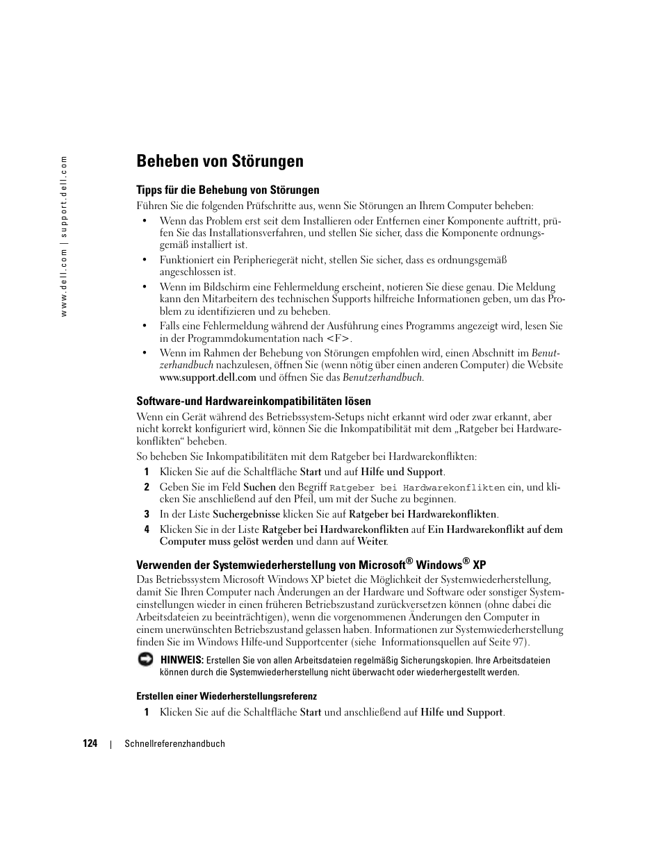 Beheben von störungen, Tipps für die behebung von störungen, Software-und hardwareinkompatibilitäten lösen | Dell Precision 380 User Manual | Page 124 / 230