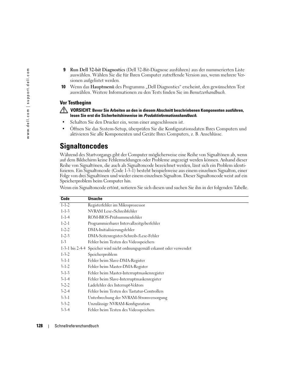 Vor testbeginn, Signaltoncodes | Dell Precision 380 User Manual | Page 128 / 230