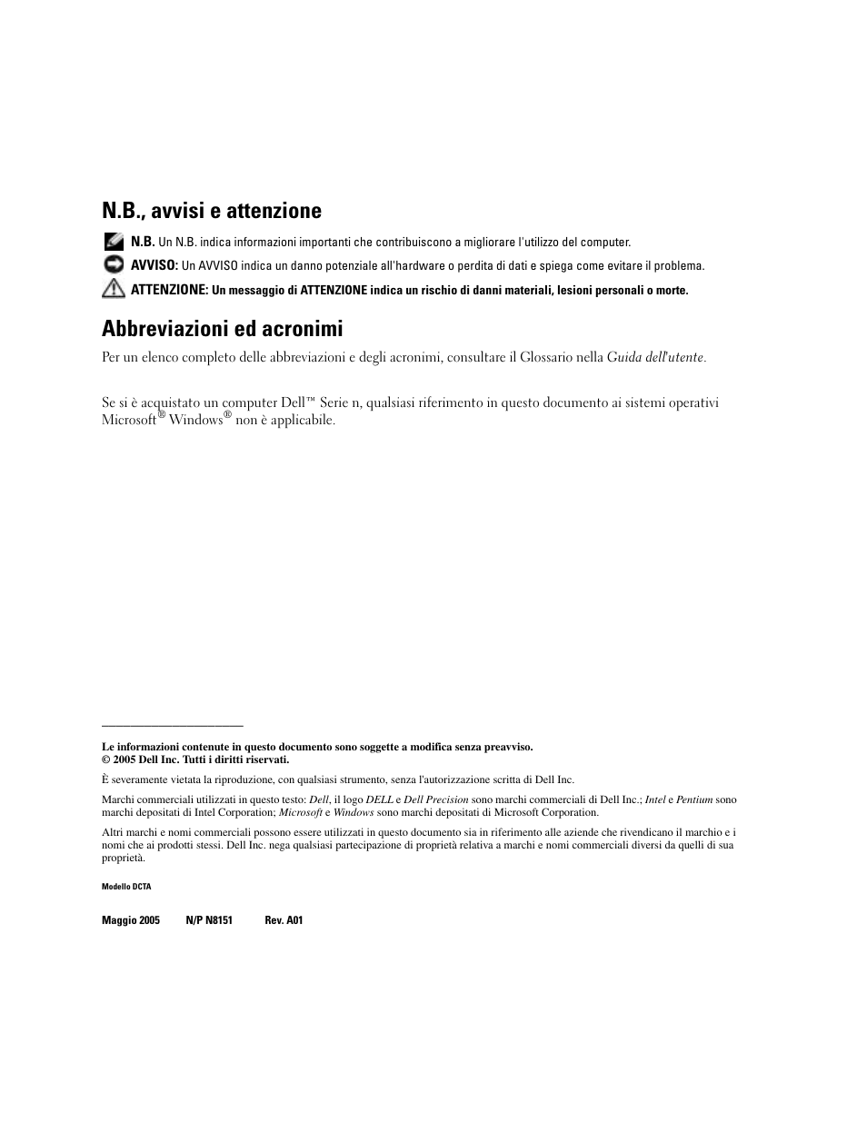 N.b., avvisi e attenzione, Abbreviazioni ed acronimi | Dell Precision 380 User Manual | Page 140 / 230