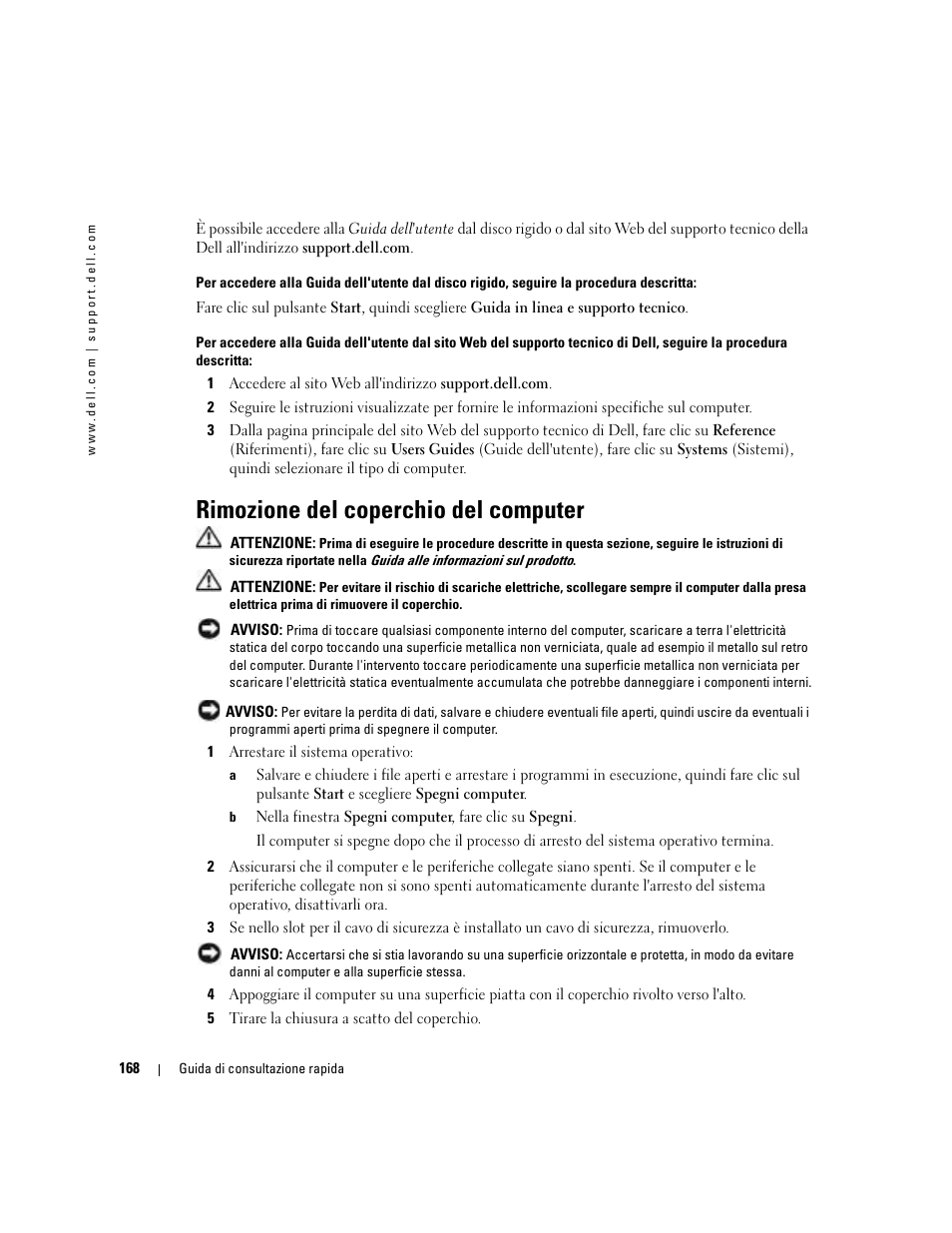 Rimozione del coperchio del computer | Dell Precision 380 User Manual | Page 168 / 230