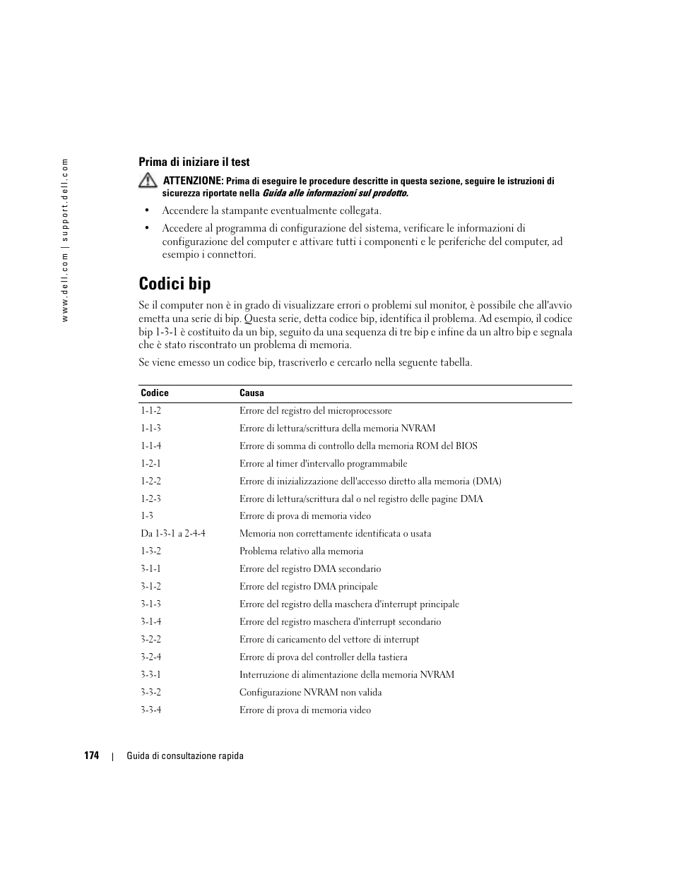 Prima di iniziare il test, Codici bip | Dell Precision 380 User Manual | Page 174 / 230