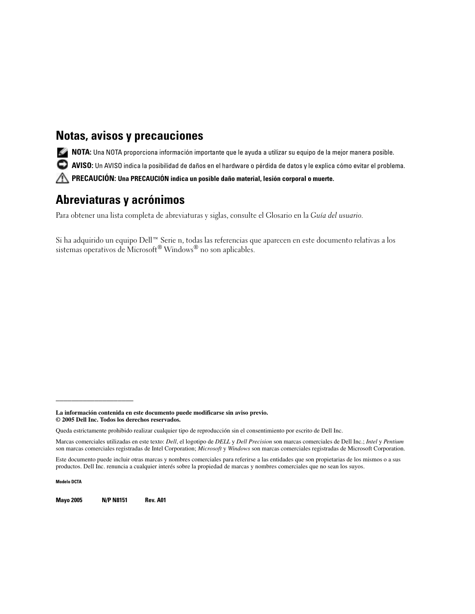 Notas, avisos y precauciones, Abreviaturas y acrónimos | Dell Precision 380 User Manual | Page 186 / 230