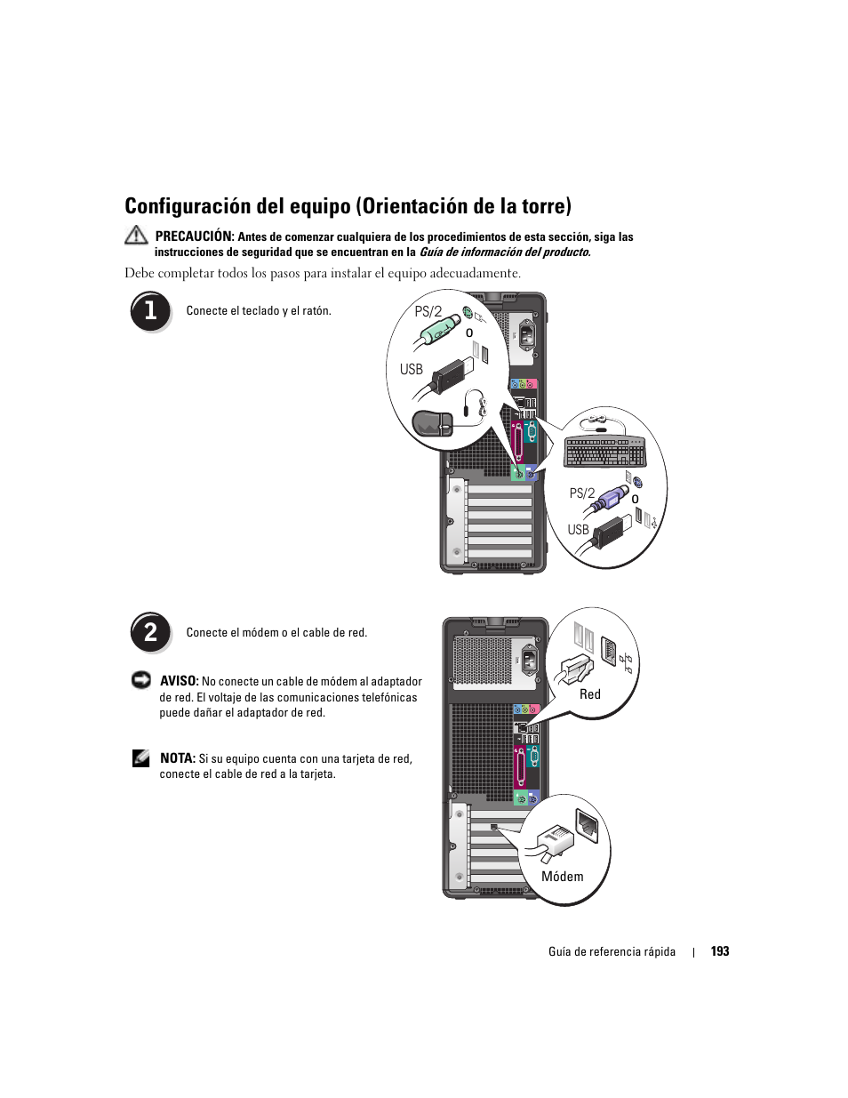 Configuración del equipo (orientación de la torre) | Dell Precision 380 User Manual | Page 193 / 230