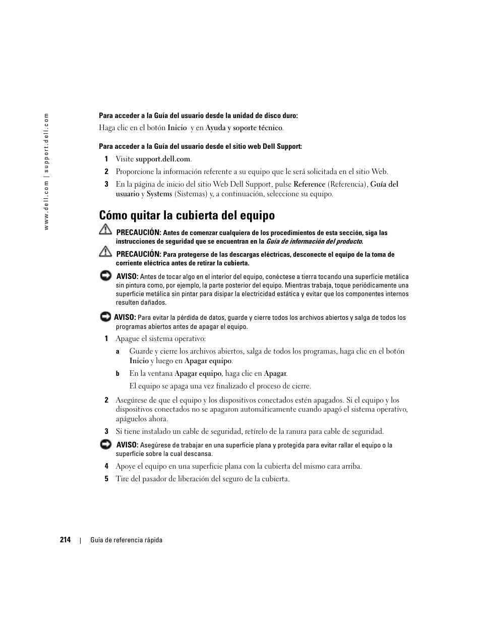 Cómo quitar la cubierta del equipo | Dell Precision 380 User Manual | Page 214 / 230