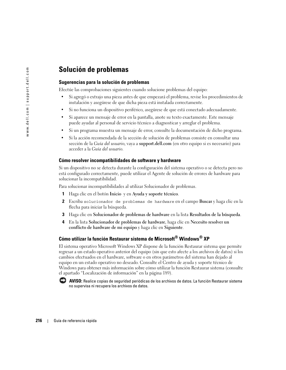 Solución de problemas, Sugerencias para la solución de problemas | Dell Precision 380 User Manual | Page 216 / 230