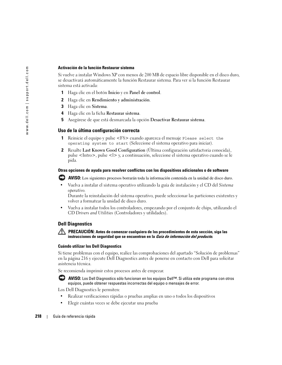 Uso de la última configuración correcta, Dell diagnostics | Dell Precision 380 User Manual | Page 218 / 230