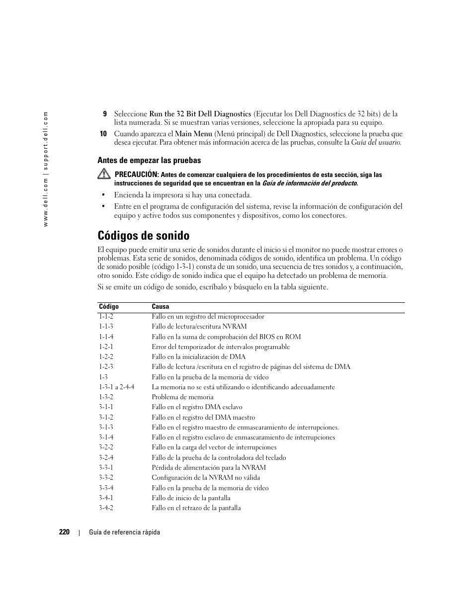 Antes de empezar las pruebas, Códigos de sonido | Dell Precision 380 User Manual | Page 220 / 230