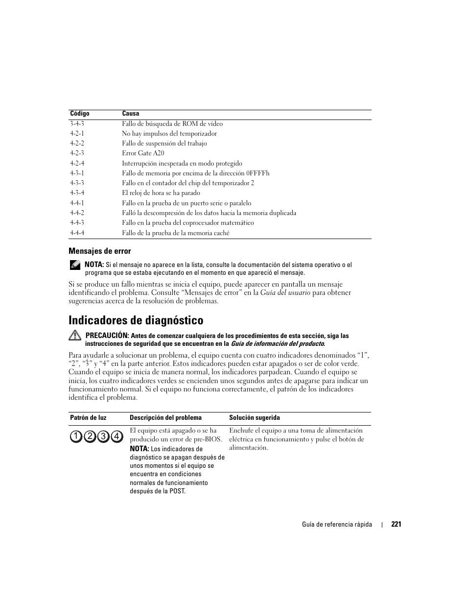 Mensajes de error, Indicadores de diagnóstico | Dell Precision 380 User Manual | Page 221 / 230