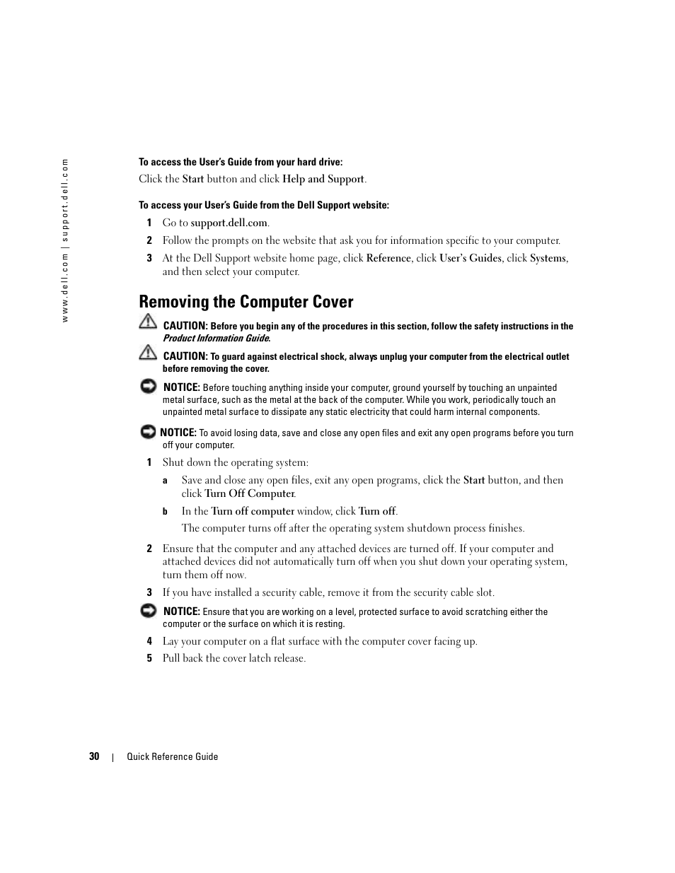Removing the computer cover | Dell Precision 380 User Manual | Page 30 / 230
