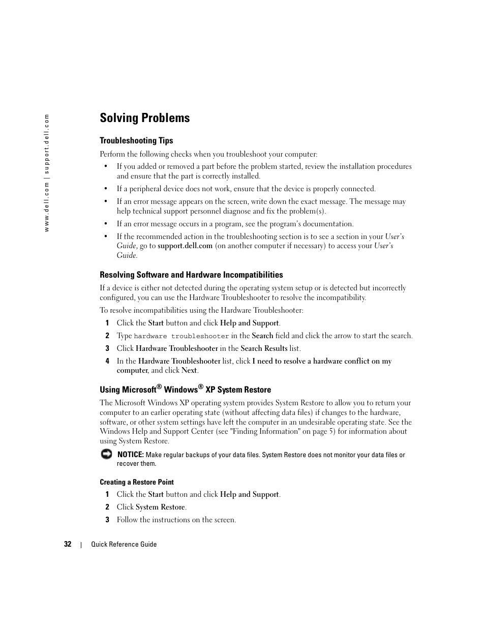 Solving problems, Troubleshooting tips, Resolving software and hardware incompatibilities | Using microsoft® windows® xp system restore, Using microsoft | Dell Precision 380 User Manual | Page 32 / 230