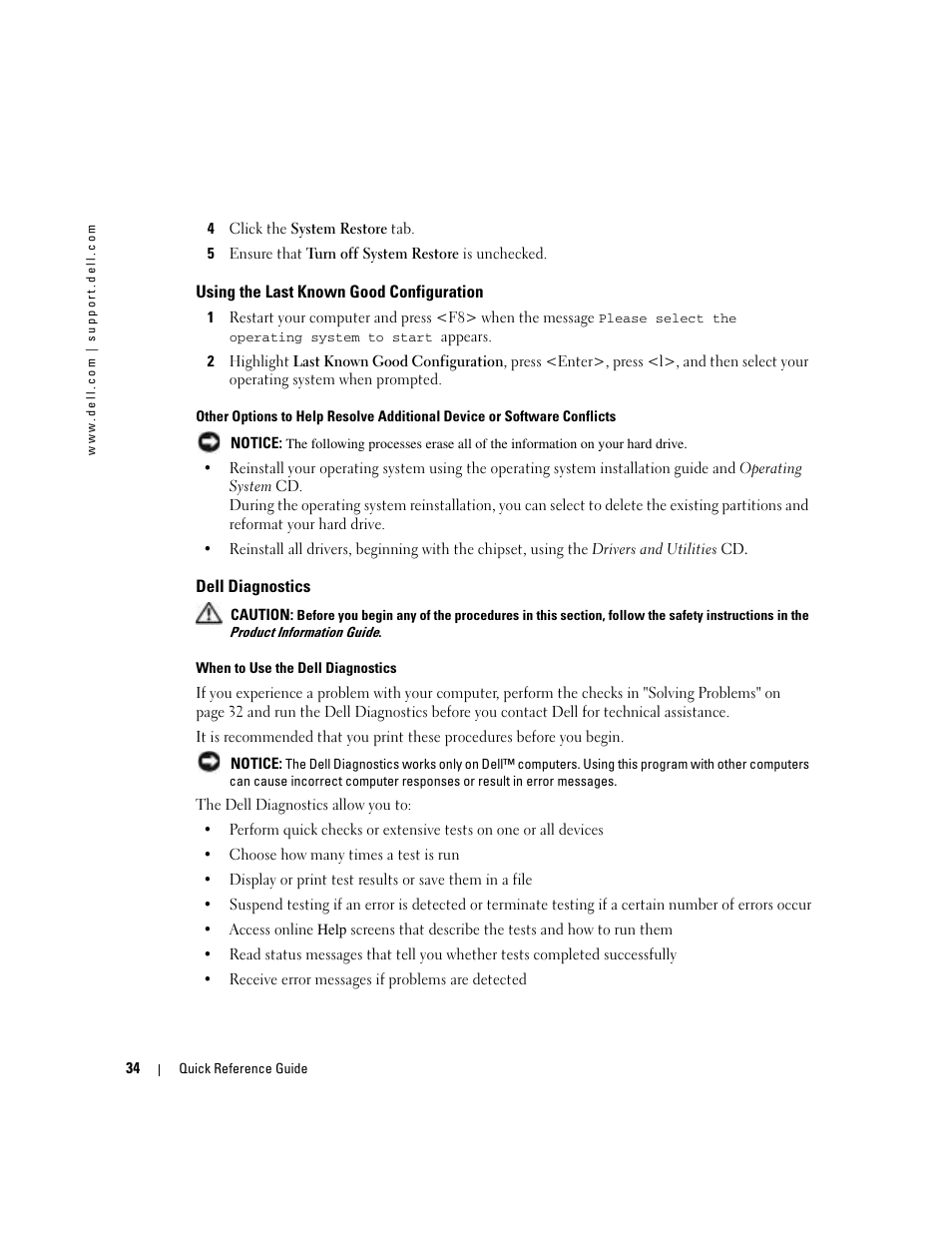 Using the last known good configuration, Dell diagnostics | Dell Precision 380 User Manual | Page 34 / 230