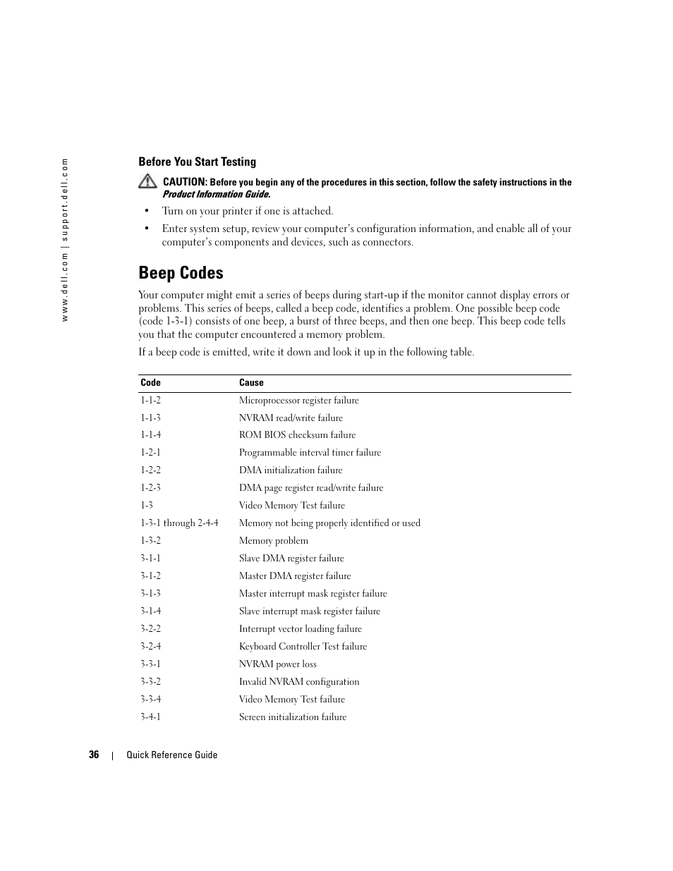 Before you start testing, Beep codes | Dell Precision 380 User Manual | Page 36 / 230