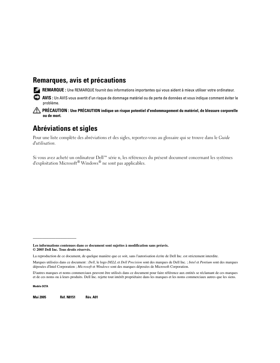 Remarques, avis et précautions, Abréviations et sigles | Dell Precision 380 User Manual | Page 48 / 230