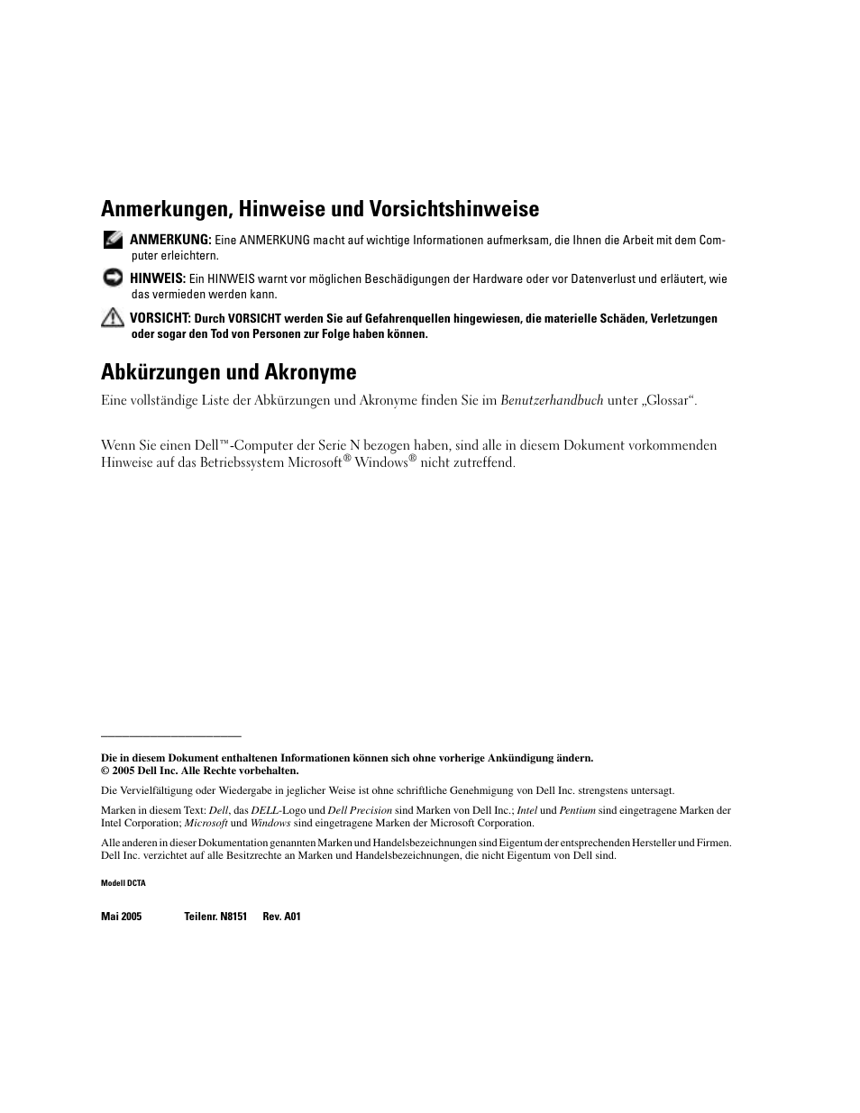 Anmerkungen, hinweise und vorsichtshinweise, Abkürzungen und akronyme | Dell Precision 380 User Manual | Page 94 / 230