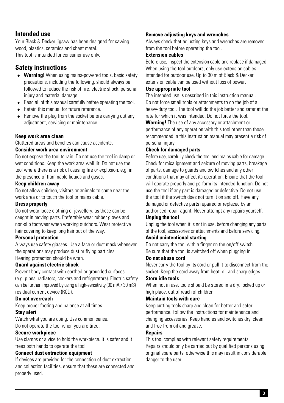 Intended use, Safety instructions | Black & Decker 487843-00 User Manual | Page 3 / 8