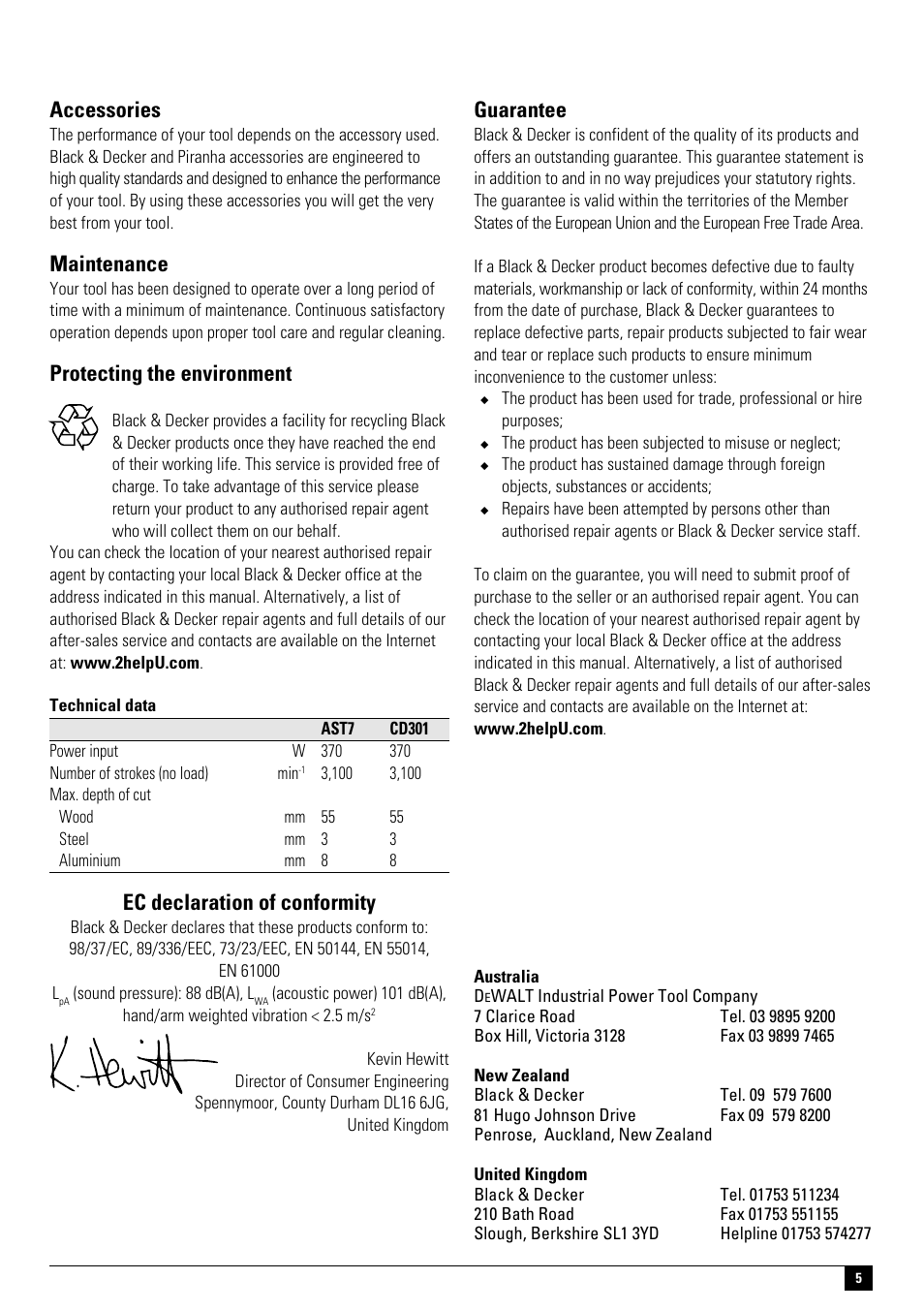 Accessories, Maintenance, Protecting the environment | Ec declaration of conformity, Guarantee | Black & Decker 487843-00 User Manual | Page 5 / 8