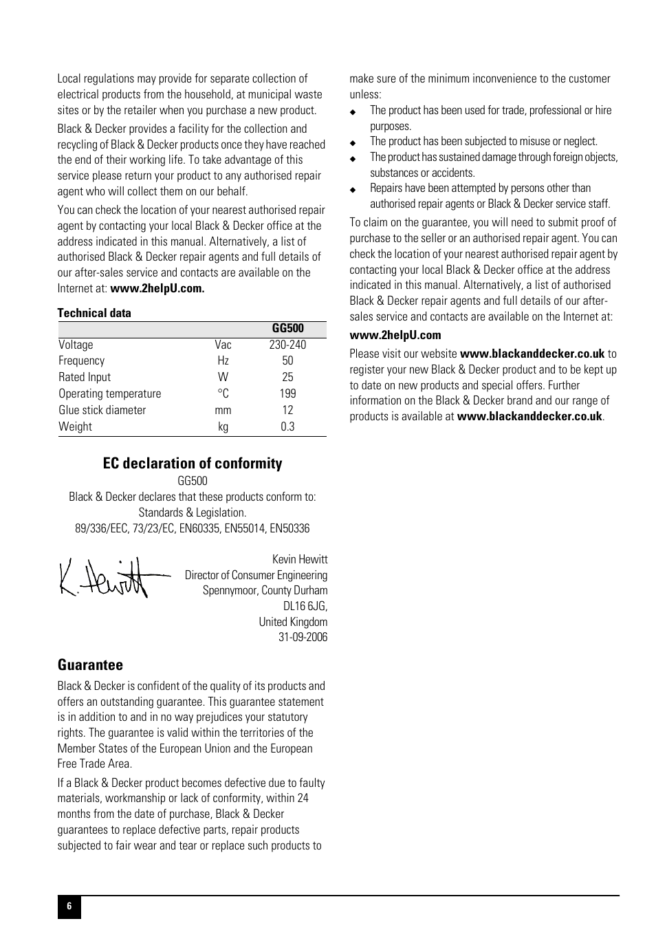 Ec declaration of conformity, Guarantee | Black & Decker 496011-00 User Manual | Page 6 / 12