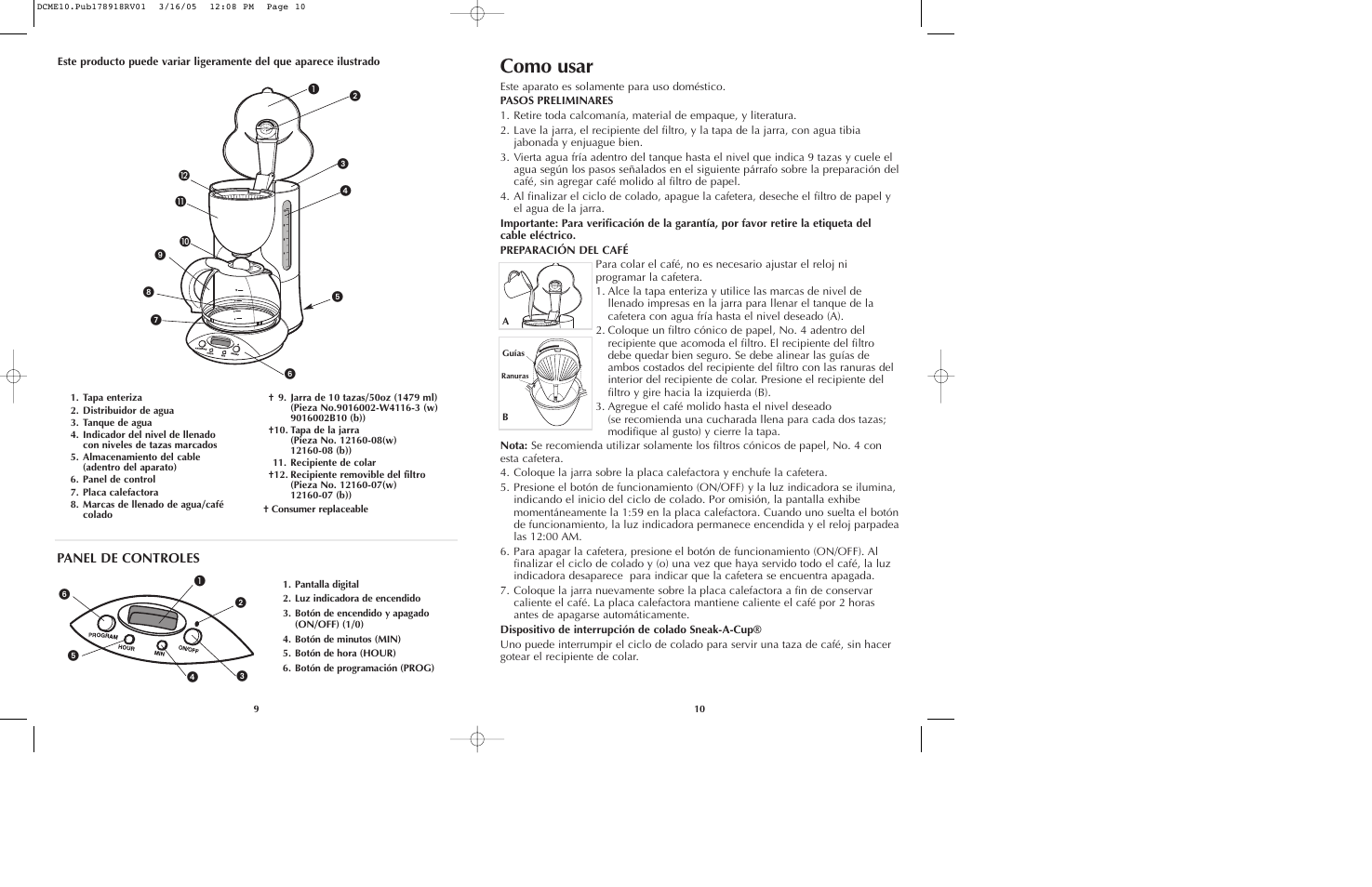 Como usar, Panel de controles | Black & Decker DCME10B User Manual | Page 6 / 15