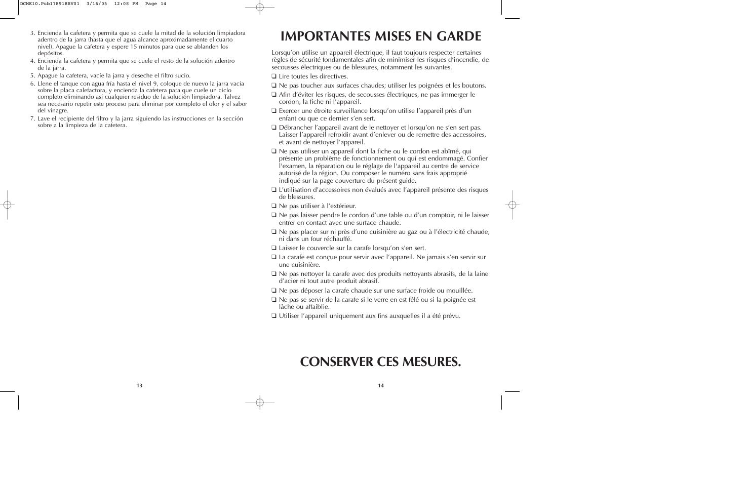 Importantes mises en garde conserver ces mesures | Black & Decker DCME10B User Manual | Page 8 / 15