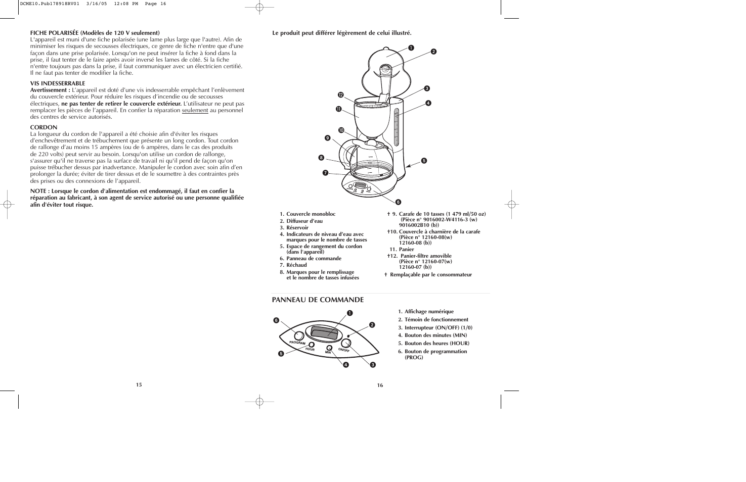 Panneau de commande | Black & Decker DCME10B User Manual | Page 9 / 15