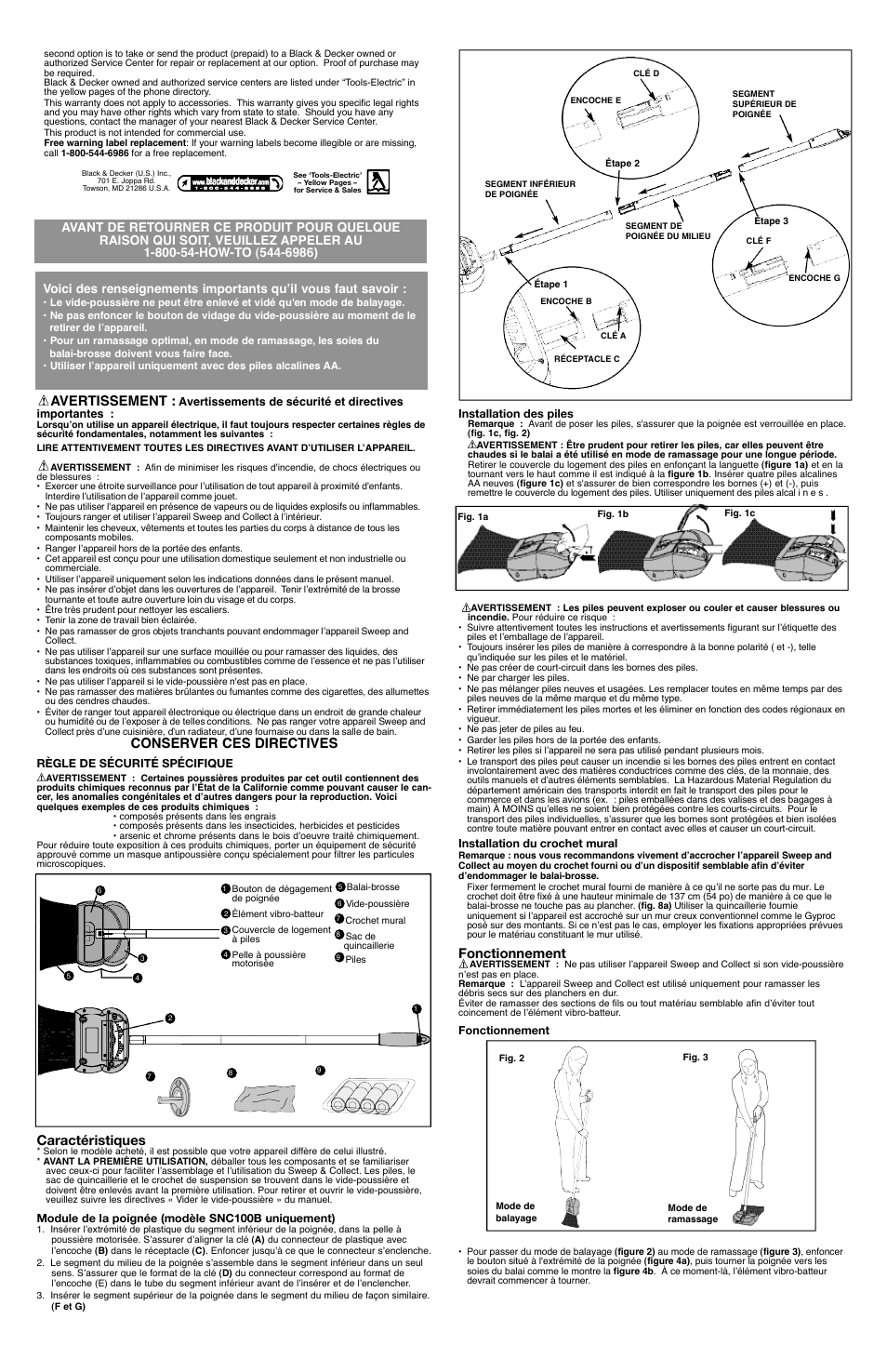 Avertissement, Conserver ces directives, Caractéristiques | Fonctionnement | Black & Decker SNC100B User Manual | Page 3 / 7