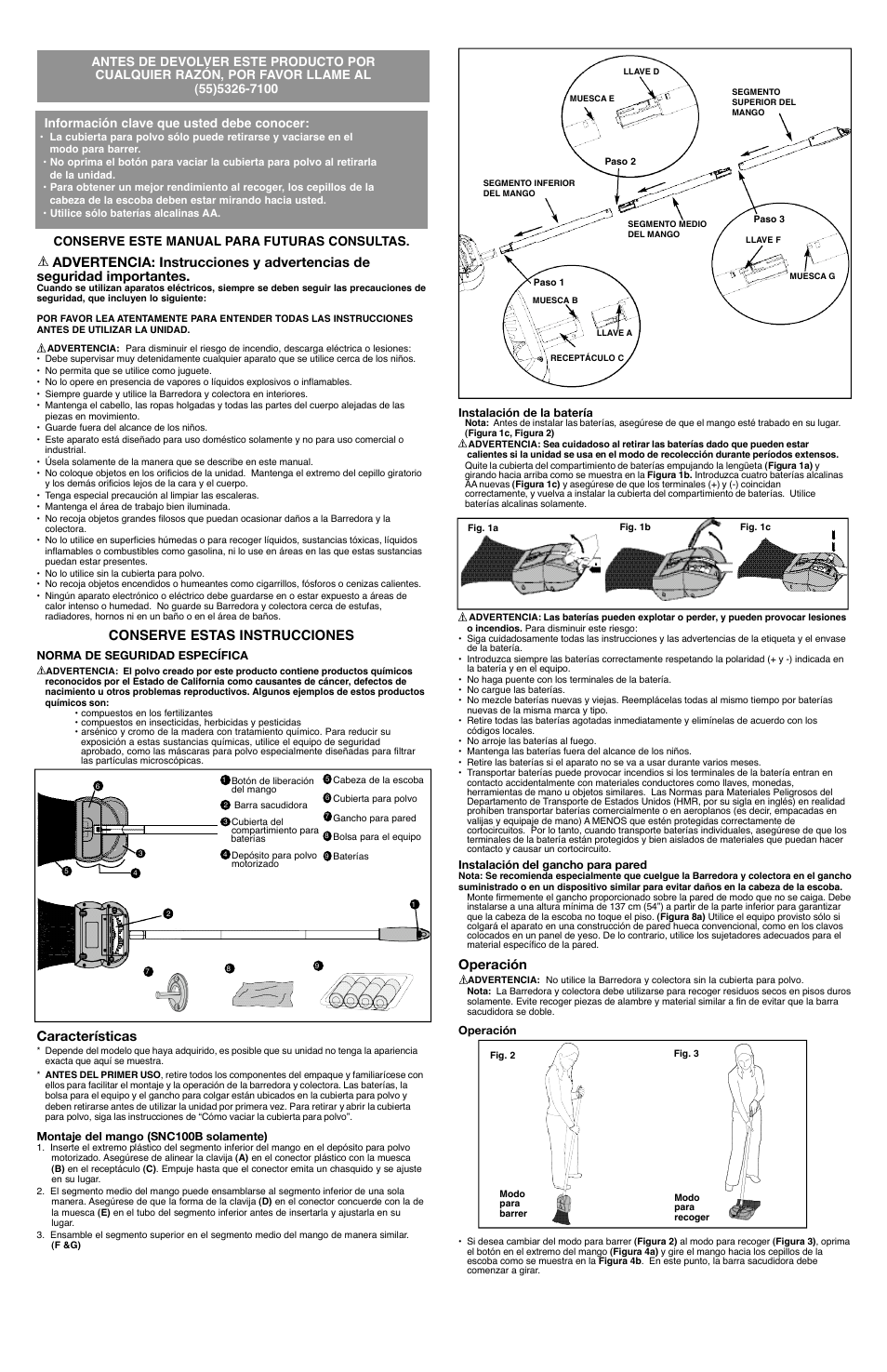 Operación, Conserve estas instrucciones, Características | Black & Decker SNC100B User Manual | Page 5 / 7